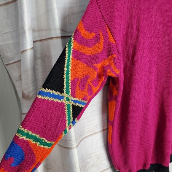 Vintage Colorful Sweater Womens Medium Bright Pink Knit Beaded Glam Rock 90s - Picture 9 of 12